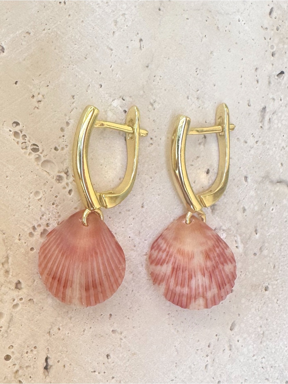 Gold Hoop Earrings with Pink Shell Dangles